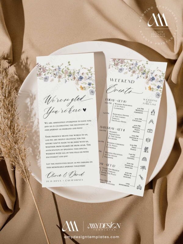 Cream Boho Wedding Invitation Templates | Floral Wedding Set Editable Wedding Schedule of Events Card Template | Ceremony Timeline Modern Order Of Events