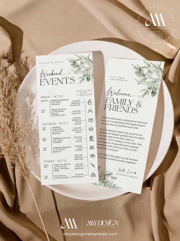 Greenery Wedding Weekend Itinerary Card Template | Printable Modern Welcome Letter