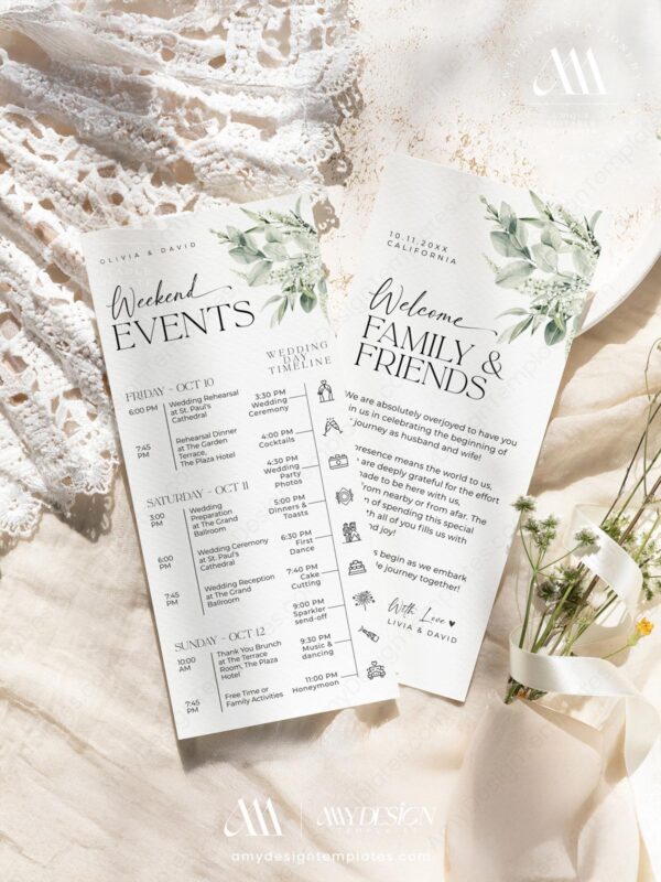 Printable Wedding Welcome Bag Note Timeline Schedule Template | Wedding Events Printable