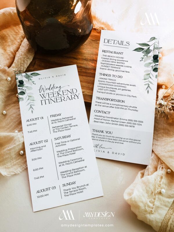 Modern Wedding Weekend Itinerary Card Template | Wedding Schedule