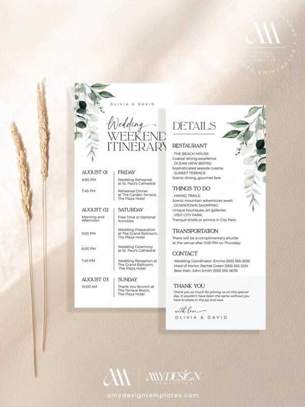 Modern Wedding Weekend Itinerary Card Template | Wedding Schedule