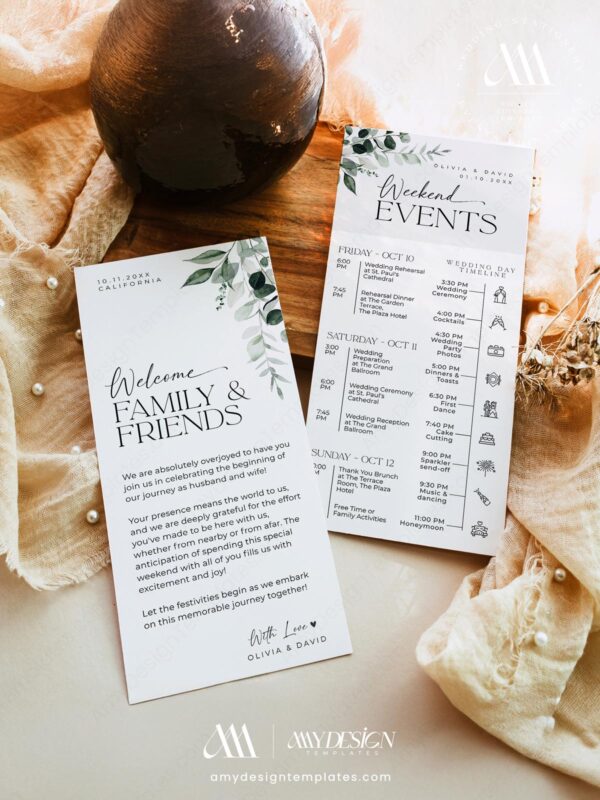 Modern Wedding Welcome Bag Events Card | Printable Itinerary Template