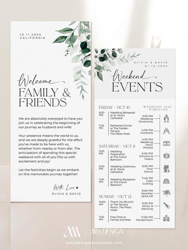 Modern Wedding Welcome Bag Events Card | Printable Itinerary Template