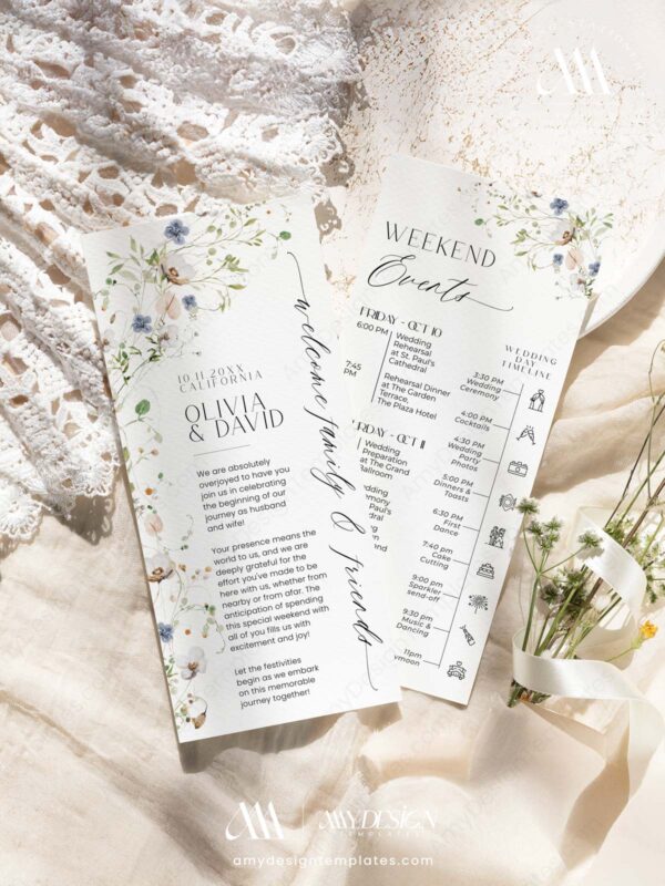 Boho Wildflower Wedding Welcome Sign Template | Welcome To Our Wedding Weekend Events Timeline Printable | Wedding Itinerary Template