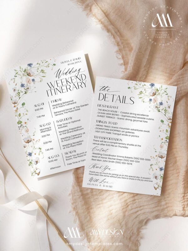 Wildflower Wedding Itinerary Card | Minimalist Timeline Template Editable Printable