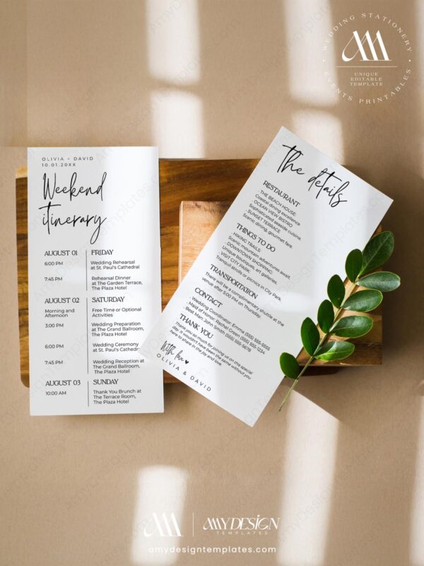Modern Wedding Itinerary Weekend Events Template | Timeline Card Printable