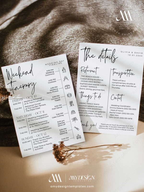 Wedding Itinerary Template Card Printable | Weekend Timeline Welcome Itinerary