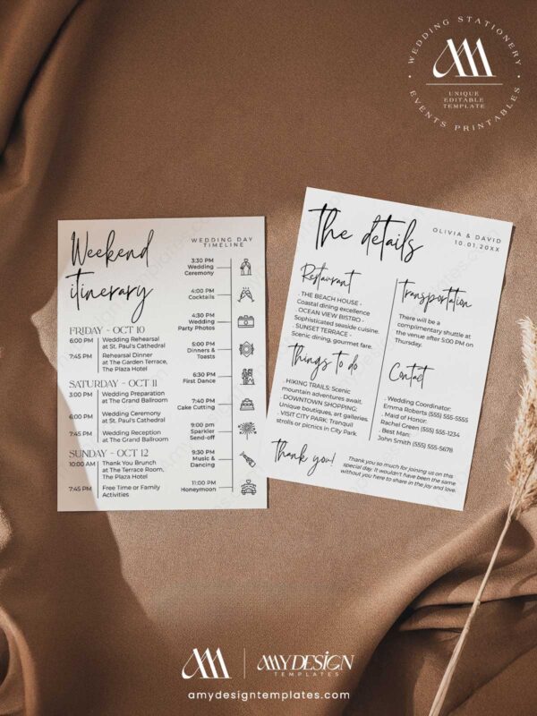Wedding Itinerary Template Card Printable | Weekend Timeline Welcome Itinerary