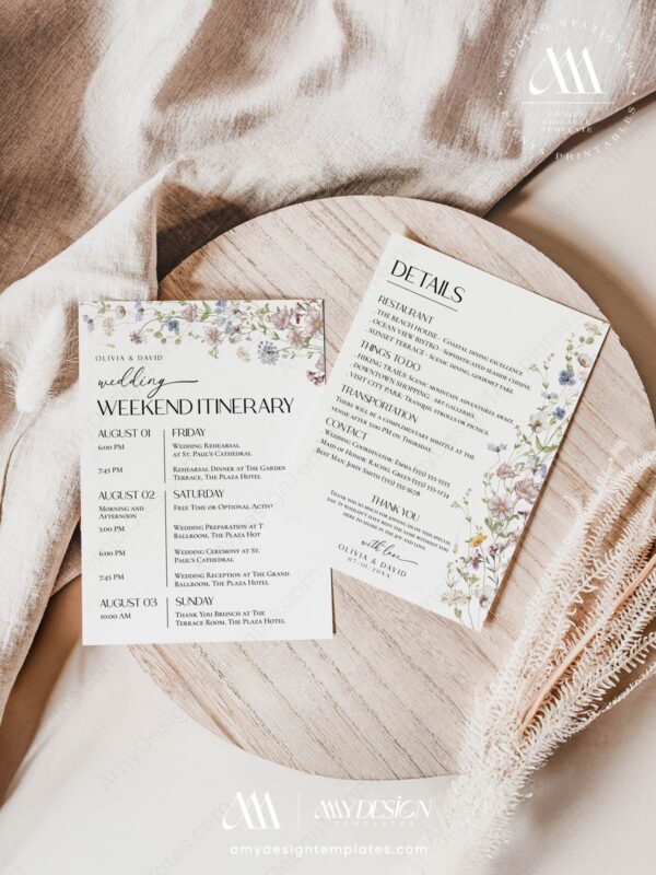 Cream Boho Wedding Invitation Templates | Floral Wedding Set Editable Wedding Day Itinerary Template | Weekend Events Schedule Editable Printable