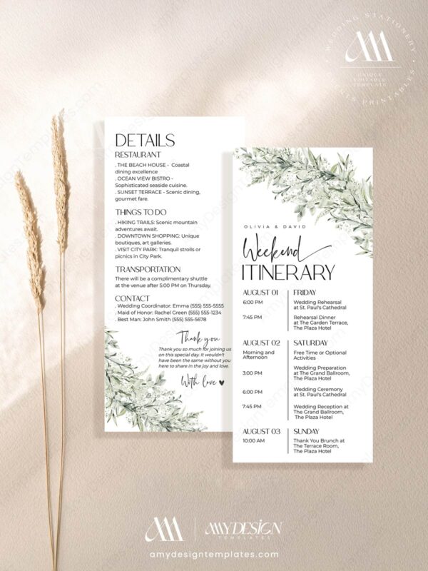 Weekend Wedding Itinerary Template | Weekend Schedule Event Cards