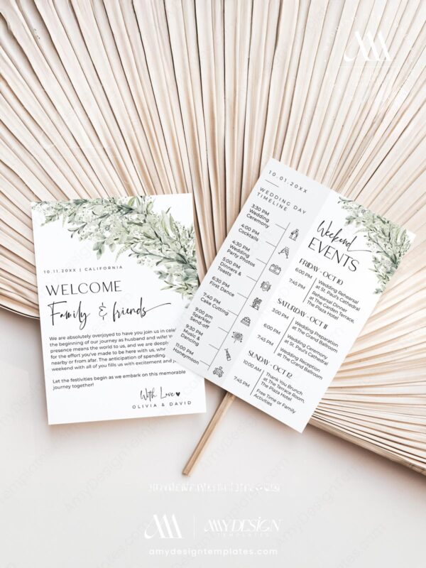 Greenery Wedding Welcome Bag Note Card | Modern Weekend Events Timeline Icons