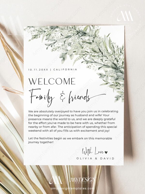 Greenery Wedding Welcome Bag Note Card | Modern Weekend Events Timeline Icons