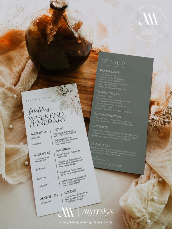 Boho Sage Green Wedding Itinerary Template | Weekend Events Printable