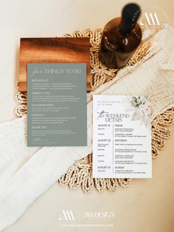 Printable Wedding Itinerary Template Boho Sage Green | Weekend Events Schedule Timeline Card