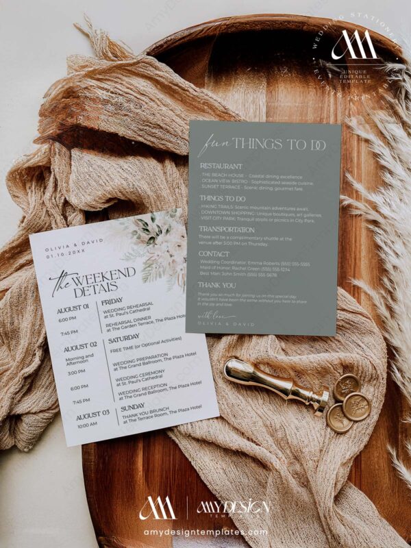 Printable Wedding Itinerary Template Boho Sage Green | Weekend Events Schedule Timeline Card
