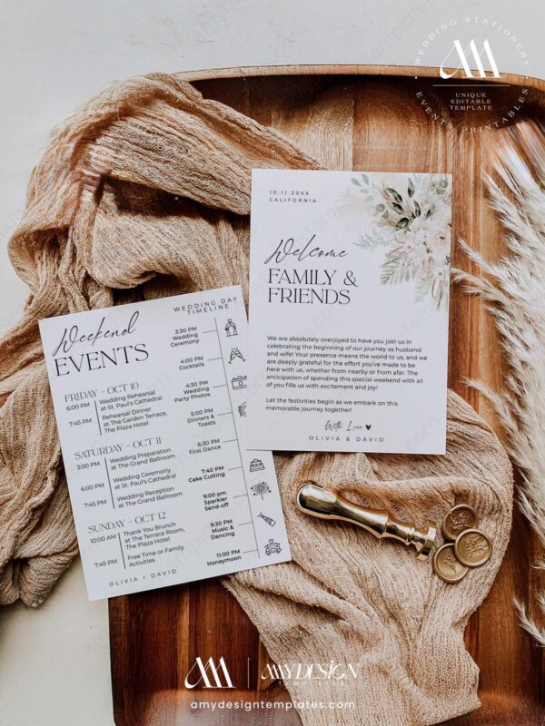 Welcome Bag Letter Wedding Itinerary Template | Weekend Events Schedule Timeline With Icons