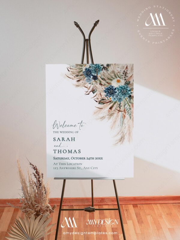 Boho Wedding Welcome Sign Template Editable | Navy Blue & Teal Floral Pampas Grass Digital Download