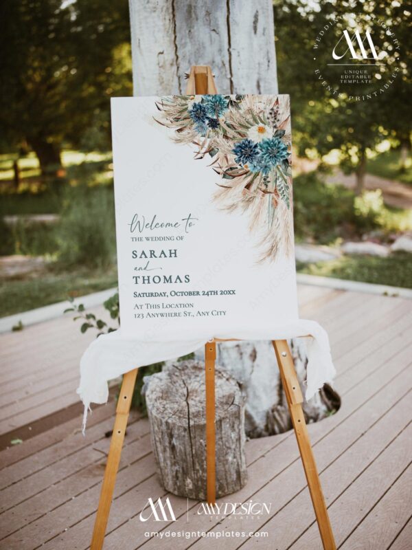 Boho Wedding Welcome Sign Template Editable | Navy Blue & Teal Floral Pampas Grass Digital Download