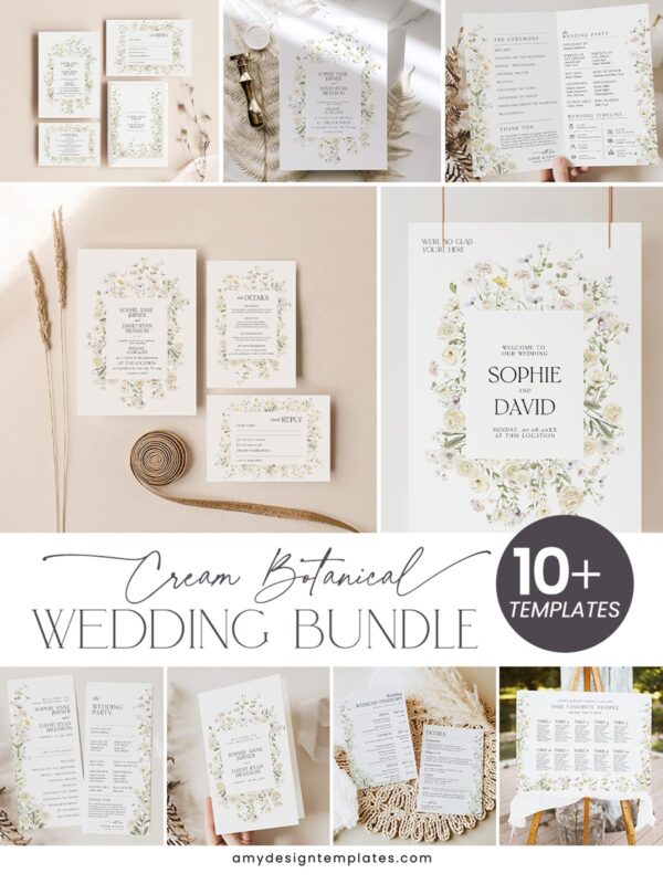 Cream Botanical Wedding Template Bundle | Editable Invitations, Signs & Reception Templates