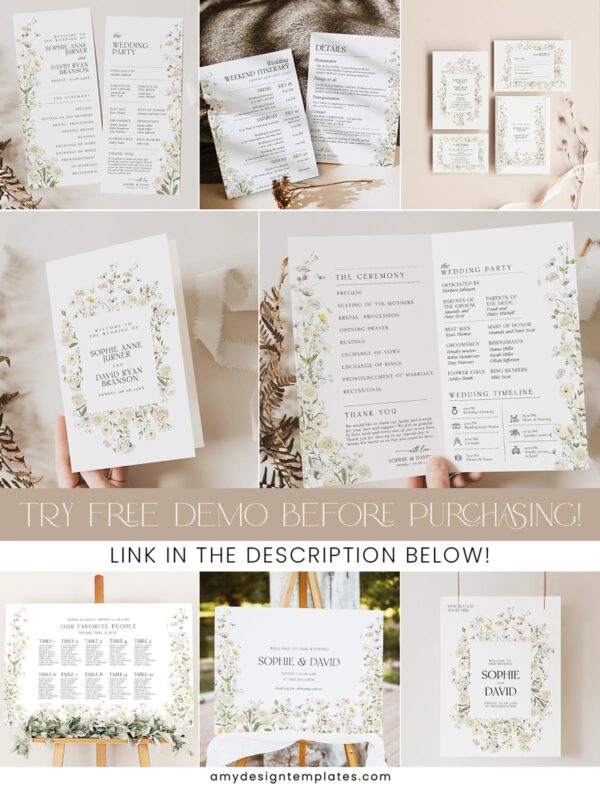 Cream Botanical Wedding Template Bundle | Editable Invitations, Signs & Reception Templates