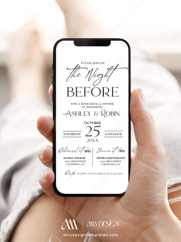 Modern Minimalist Wedding Rehearsal Dinner Evite Template | The Night Before Invitation Electronic