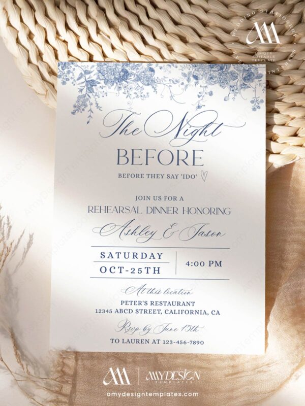 Rehearsal Invite Template The Night Before | Blue Wedding Rehearsal Dinner Invitation Card