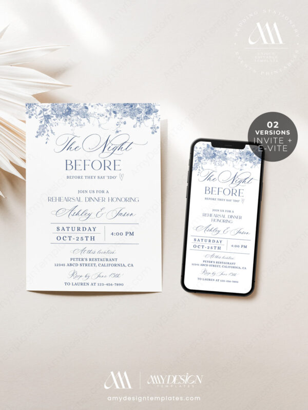 Rehearsal Invite Template The Night Before | Blue Wedding Rehearsal Dinner Invitation Card