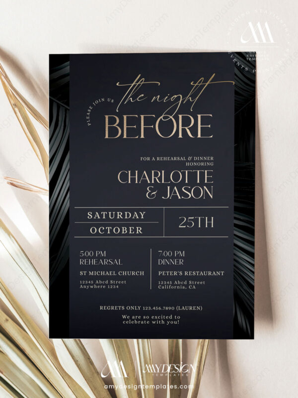 The Night Before Dinner Invitation Card | Text Message Wedding Rehearsal Dinner Invitation Black Gold