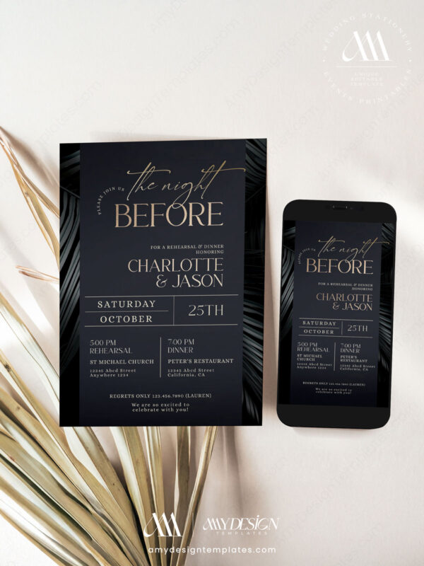 The Night Before Dinner Invitation Card | Text Message Wedding Rehearsal Dinner Invitation Black Gold