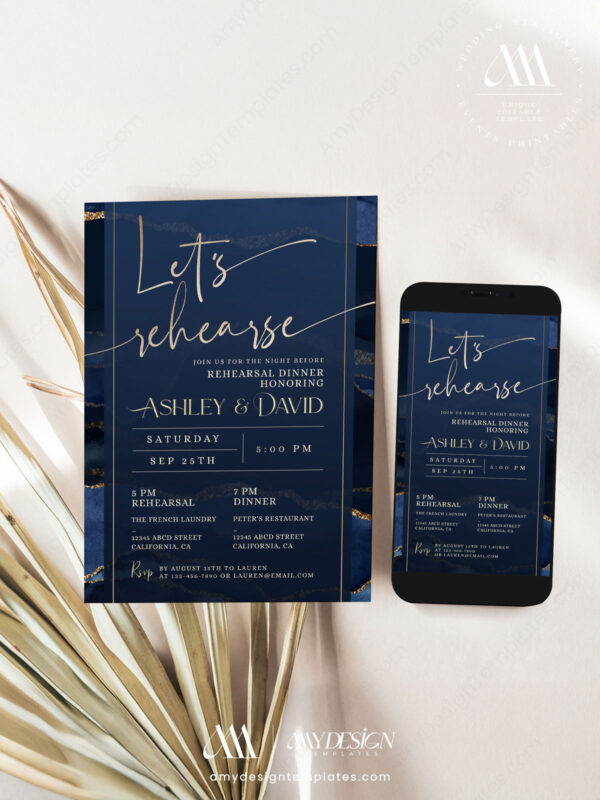Let's Rehearsal Dinner Invitation Template | Text Message Wedding Rehearsal Navy Blue