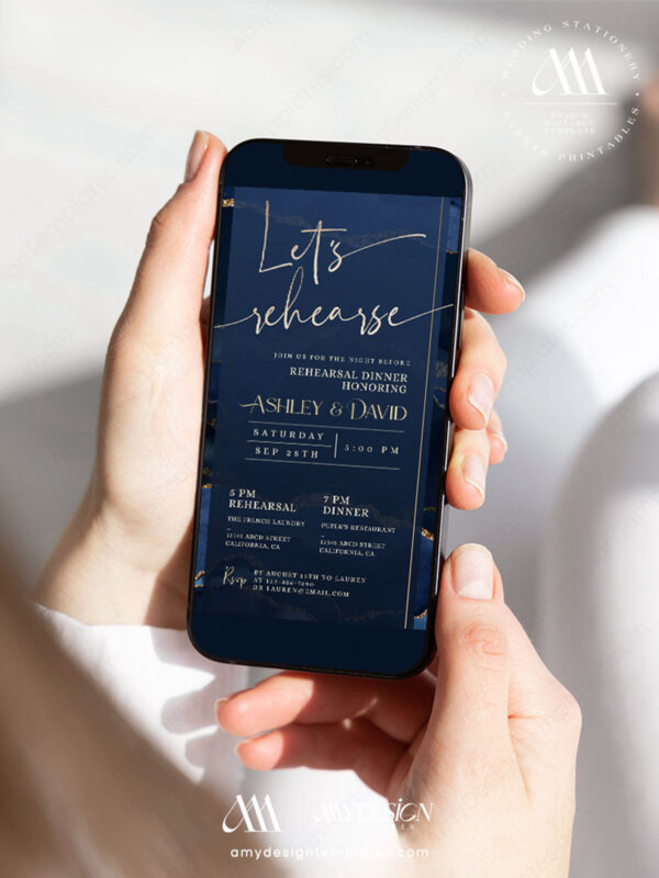 Let's Rehearsal Dinner Invitation Template | Text Message Wedding Rehearsal Navy Blue