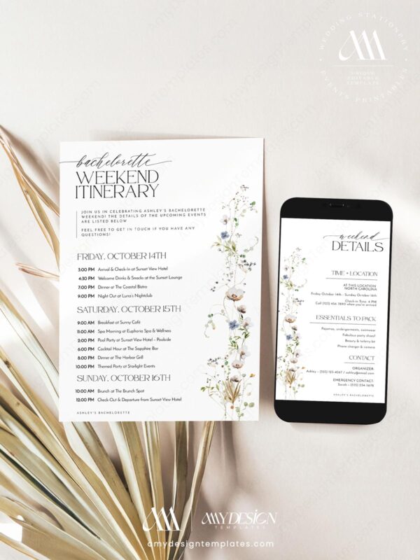 Printable Bachelorette Invites | Bridal Party Weekend Timeline Template Invitation