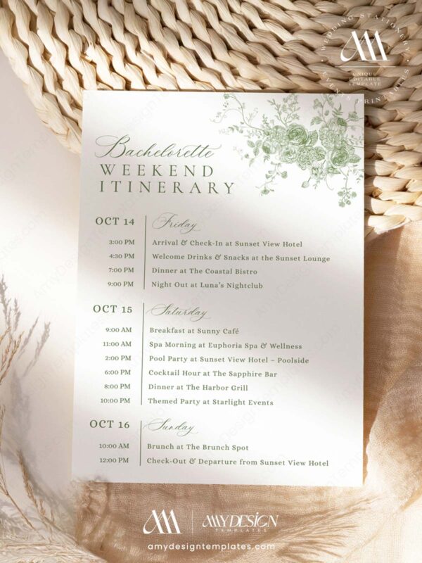 Bachelorette Invitation Itinerary Template | Floral French Floral Itinerary Printable