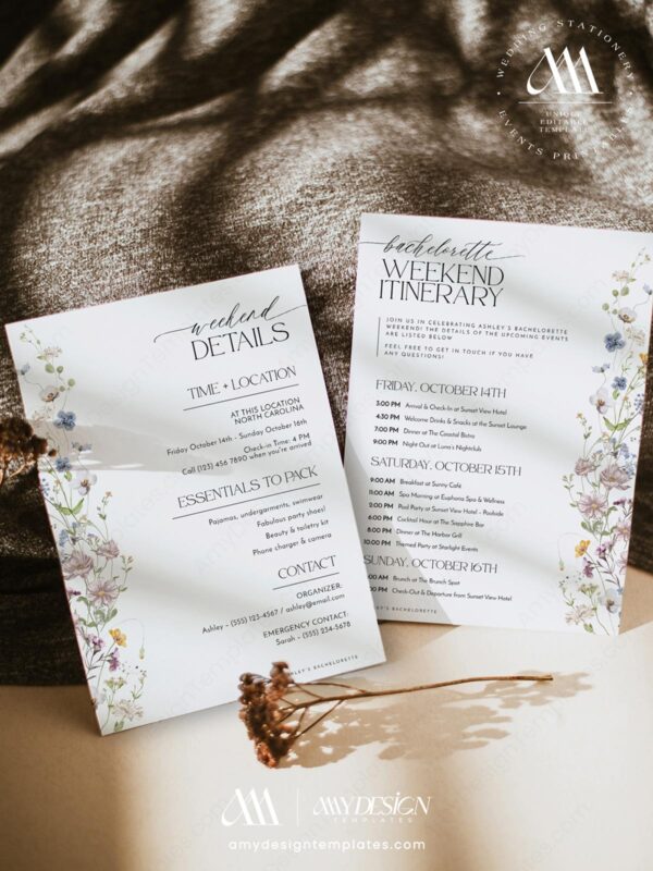 Electronic Bachelorette Weekend Itinerary Invitation | Wildflower Bachelorette Party Editable