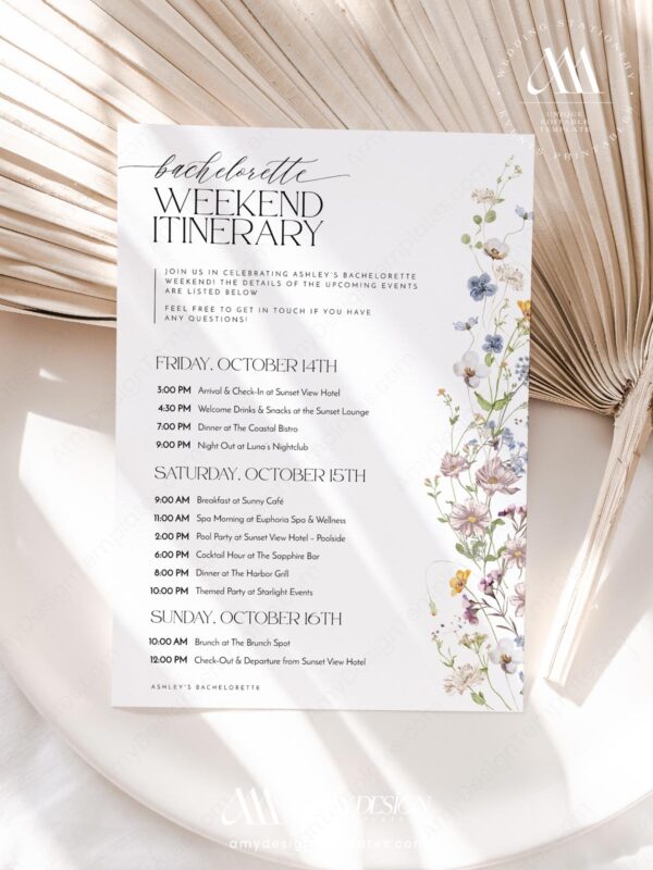 Electronic Bachelorette Weekend Itinerary Invitation | Wildflower Bachelorette Party Editable