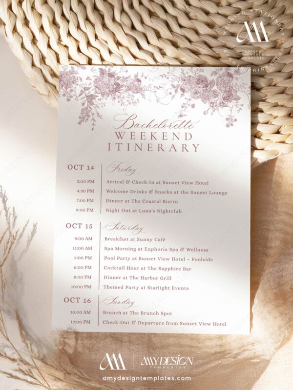 Travel Itinerary Girls Trip Digital Download | DIY Bachelorette Trip Printable Details