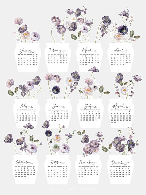 Printable Flowers Desk Calendar 2026 | Purple Floral Violet Poppy | Mini Calendar 2026