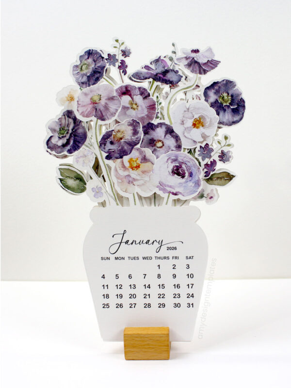 Printable Flowers Desk Calendar 2026 | Purple Floral Violet Poppy | Mini Calendar 2026