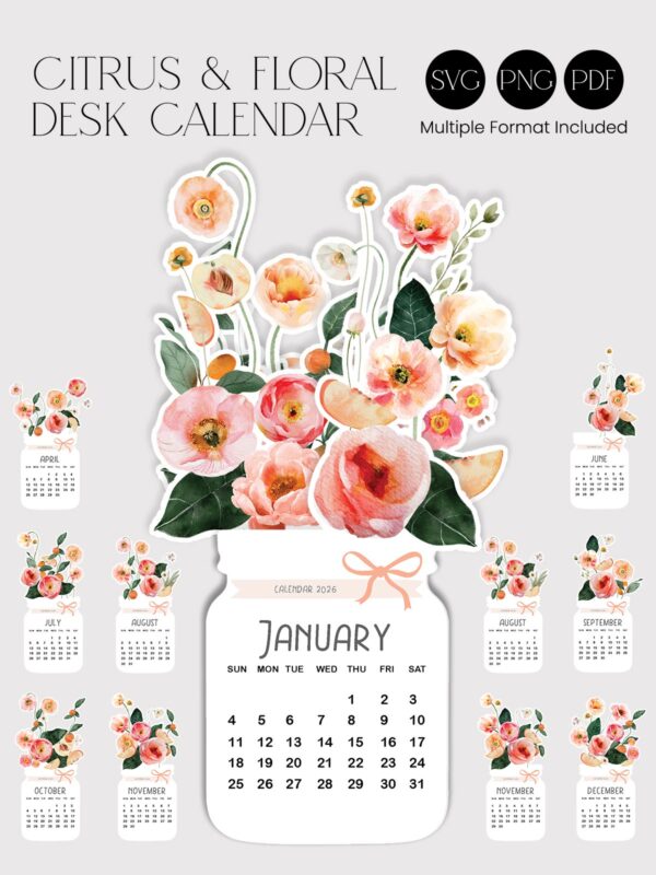 Citrus Floral 2026 Desk Calendar Printable, Cute Monthly Planner, Stand Template SVG PDF, Watercolor Aesthetic Office Decor, Digital Download
