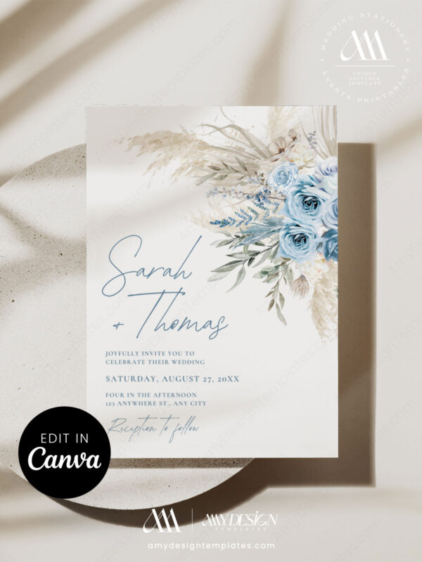 Dusty Blue Wedding Invitation Template Canva | Editable Bohemian Pampas Grass Invitations Set Printable
