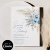 Dusty Blue Wedding Invitation Template Canva | Editable Bohemian Pampas Grass Invitations Set Printable