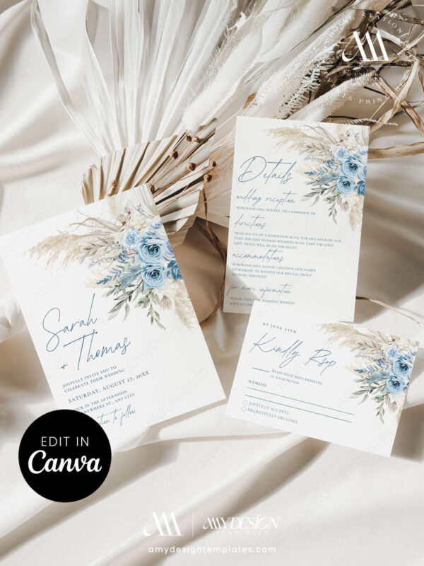 Dusty Blue Wedding Invitation Template Canva | Editable Bohemian Pampas Grass Invitations Set Printable