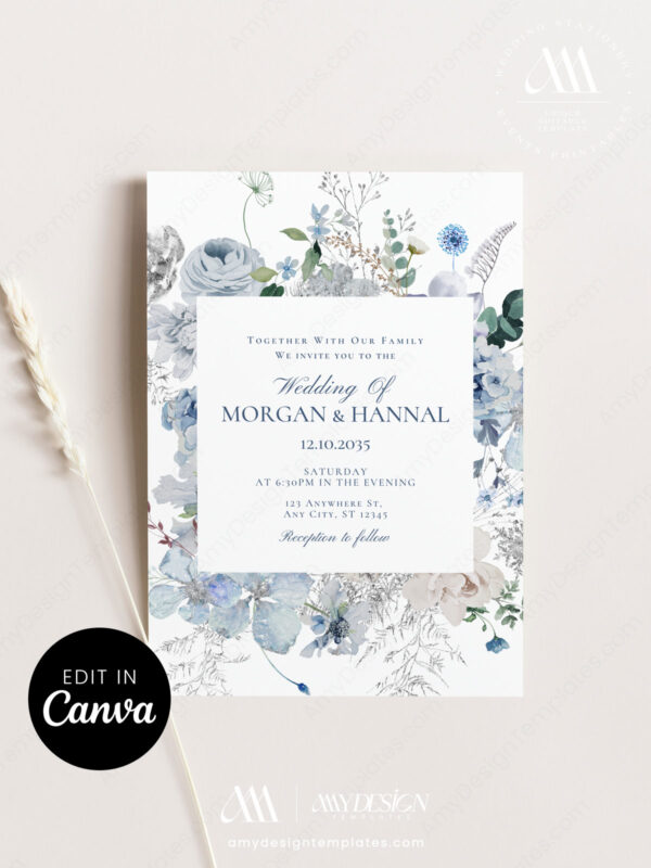 Dusty Blue Floral Wedding Invitation Suite Template Canva | Editable Winter Wedding Invitations
