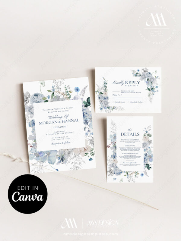 Dusty Blue Floral Wedding Invitation Suite Template Canva | Editable Winter Wedding Invitations