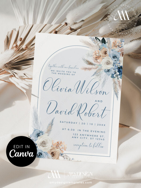 5+ Free Printable Wedding Invitation Templates Blue: Setting a Serene Tone Boho Arch Dusty Blue Wedding Invitation Canva Template | Editable Wedding Suite | Pampas Grass Floral