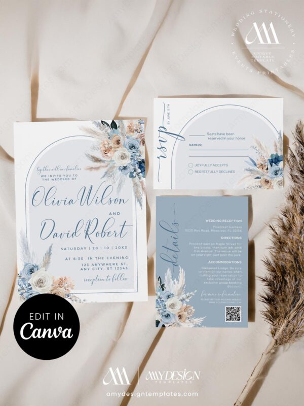 Boho Arch Dusty Blue Wedding Invitation Canva Template | Editable Wedding Suite | Pampas Grass Floral