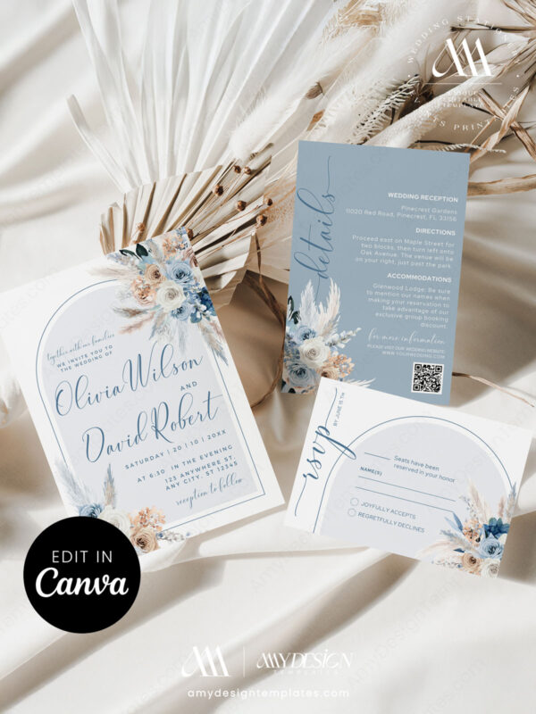 Boho Arch Dusty Blue Wedding Invitation Canva Template | Editable Wedding Suite | Pampas Grass Floral