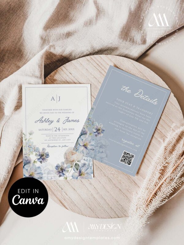 Dusty Blue Floral Wedding Invitation Canva Template