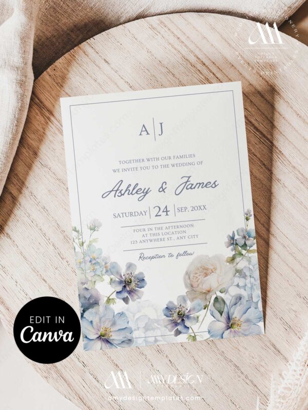 5+ Free Printable Wedding Invitation Templates Blue: Setting a Serene Tone Dusty Blue Floral Wedding Invitation Canva Template