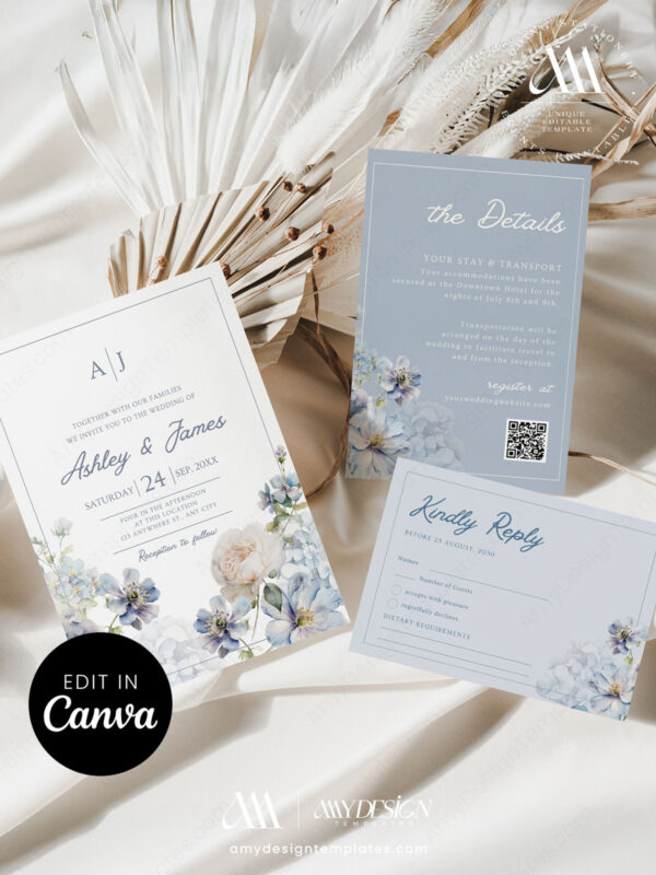 Dusty Blue Floral Wedding Invitation Canva Template